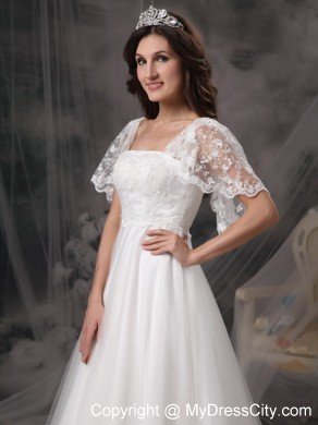 Cap Sleeves Square Neck Brush Train Lace Wedding Dresses with Petals