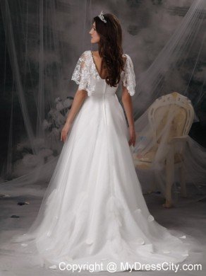 Cap Sleeves Square Neck Brush Train Lace Wedding Dresses with Petals