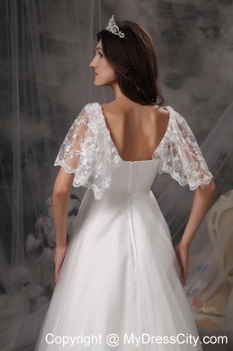 Cap Sleeves Square Neck Brush Train Lace Wedding Dresses with Petals