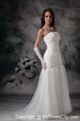 Dropped Lace Strapless Brush Train Elegant 2013 Wedding Bridal Gown