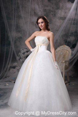 Cheap Simple Strapless Organza Wedding Bridal Gowns with Champagne Sash