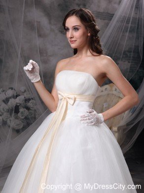 Cheap Simple Strapless Organza Wedding Bridal Gowns with Champagne Sash