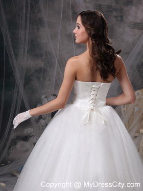 Cheap Simple Strapless Organza Wedding Bridal Gowns with Champagne Sash