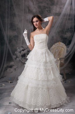 Pretty Strapless Beaded Lace Tiers Garden Wedding Bridal Gown with Gloves