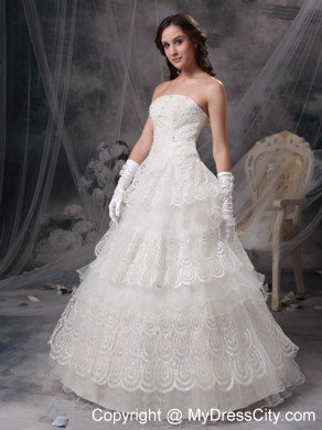 Pretty Strapless Beaded Lace Tiers Garden Wedding Bridal Gown with Gloves