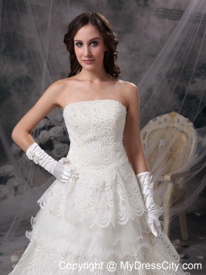 Pretty Strapless Beaded Lace Tiers Garden Wedding Bridal Gown with Gloves