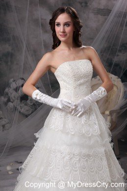 Pretty Strapless Beaded Lace Tiers Garden Wedding Bridal Gown with Gloves