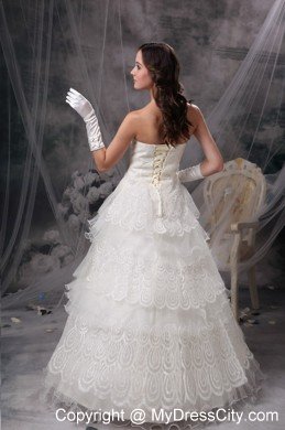 Pretty Strapless Beaded Lace Tiers Garden Wedding Bridal Gown with Gloves