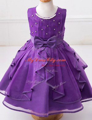 Spectacular Scoop Beading and Ruffles and Bowknot Flower Girl Dress Eggplant Purple Zipper Sleeveless Floor Length