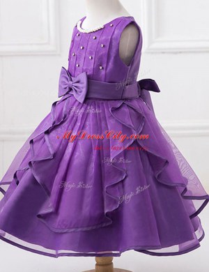 Spectacular Scoop Beading and Ruffles and Bowknot Flower Girl Dress Eggplant Purple Zipper Sleeveless Floor Length