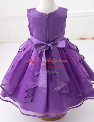 Spectacular Scoop Beading and Ruffles and Bowknot Flower Girl Dress Eggplant Purple Zipper Sleeveless Floor Length