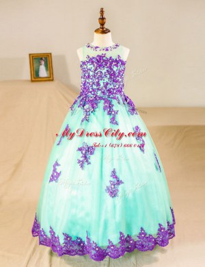 Lovely Scoop Beading and Lace and Appliques Flower Girl Dress Turquoise Zipper Sleeveless Floor Length