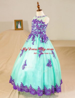 Lovely Scoop Beading and Lace and Appliques Flower Girl Dress Turquoise Zipper Sleeveless Floor Length