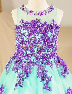 Lovely Scoop Beading and Lace and Appliques Flower Girl Dress Turquoise Zipper Sleeveless Floor Length