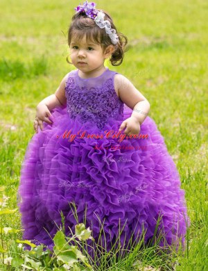 Floor Length Lavender Toddler Flower Girl Dress Scoop Sleeveless Lace Up