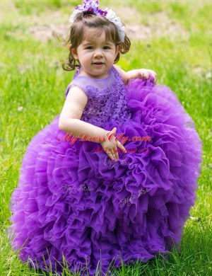 Floor Length Lavender Toddler Flower Girl Dress Scoop Sleeveless Lace Up