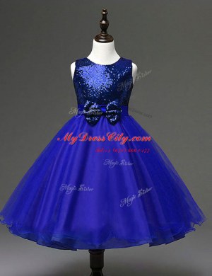 Flirting Royal Blue A-line Organza Scoop Sleeveless Sequins and Bowknot Ankle Length Zipper Flower Girl Dresses