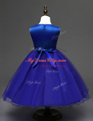 Flirting Royal Blue A-line Organza Scoop Sleeveless Sequins and Bowknot Ankle Length Zipper Flower Girl Dresses