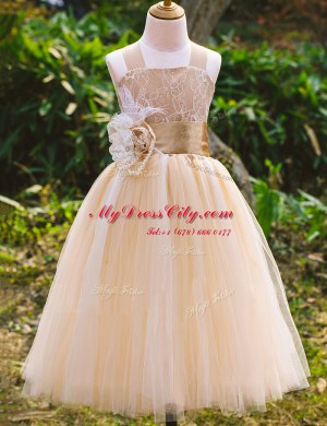 Champagne Sleeveless Floor Length Lace Lace Up Flower Girl Dresses