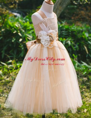 Champagne Sleeveless Floor Length Lace Lace Up Flower Girl Dresses