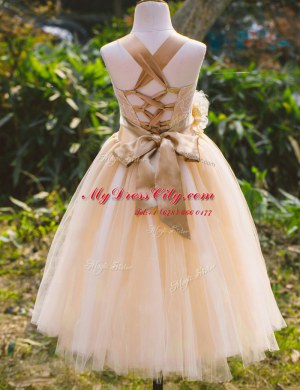 Champagne Sleeveless Floor Length Lace Lace Up Flower Girl Dresses