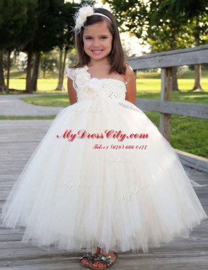 High End White A-line One Shoulder Sleeveless Tulle Ankle Length Zipper Hand Made Flower Toddler Flower Girl Dress