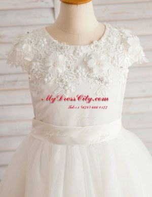 High Quality Tulle Scoop Short Sleeves Zipper Beading and Appliques Toddler Flower Girl Dress in White