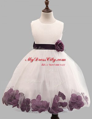 High Quality White Zipper Scoop Appliques and Hand Made Flower Flower Girl Dress Tulle Sleeveless