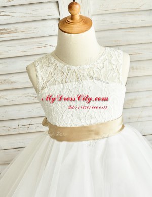 Scoop Floor Length White Flower Girl Dresses Tulle Sleeveless Lace and Ruffled Layers and Sashes ribbons