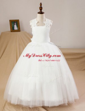 Sleeveless Tulle Floor Length Criss Cross Flower Girl Dress in White with Lace and Appliques