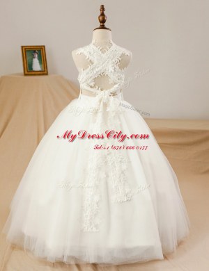 Sleeveless Tulle Floor Length Criss Cross Flower Girl Dress in White with Lace and Appliques