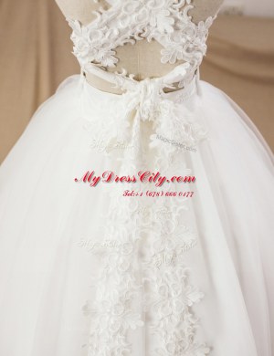 Sleeveless Tulle Floor Length Criss Cross Flower Girl Dress in White with Lace and Appliques