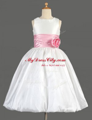 Scoop Taffeta Sleeveless Floor Length Flower Girl Dress and Bowknot and Hand Made Flower