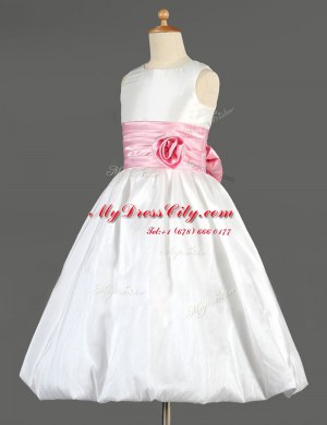 Scoop Taffeta Sleeveless Floor Length Flower Girl Dress and Bowknot and Hand Made Flower