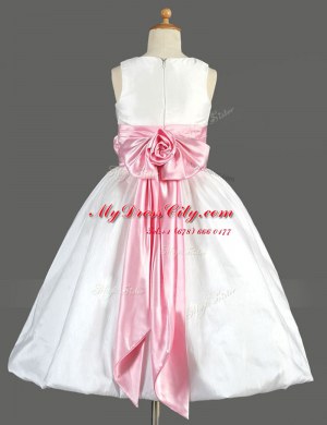 Scoop Taffeta Sleeveless Floor Length Flower Girl Dress and Bowknot and Hand Made Flower