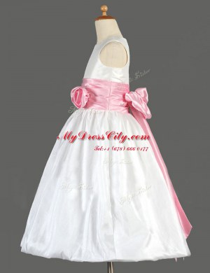 Scoop Taffeta Sleeveless Floor Length Flower Girl Dress and Bowknot and Hand Made Flower