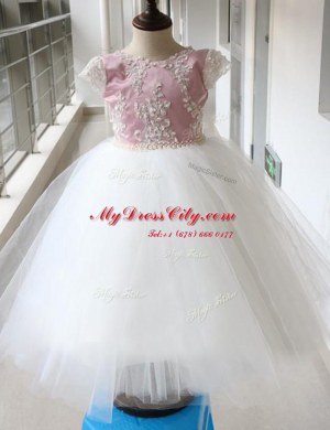 Dazzling Scoop White and Lilac A-line Beading Flower Girl Dresses for Less Zipper Tulle Cap Sleeves Ankle Length