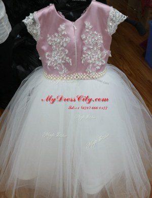 Dazzling Scoop White and Lilac A-line Beading Flower Girl Dresses for Less Zipper Tulle Cap Sleeves Ankle Length