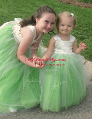 Stylish Tulle Lace Up Square Sleeveless Floor Length Flower Girl Dress Bowknot