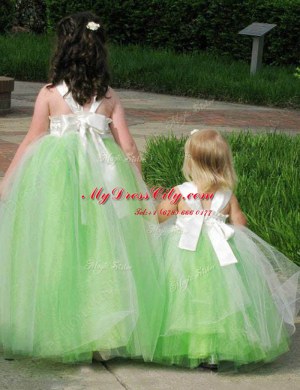 Stylish Tulle Lace Up Square Sleeveless Floor Length Flower Girl Dress Bowknot