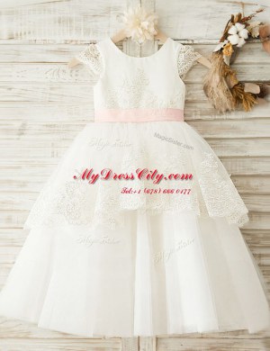 Discount Organza Scoop Cap Sleeves Zipper Lace and Appliques and Bowknot Flower Girl Dresses in White