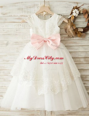 Discount Organza Scoop Cap Sleeves Zipper Lace and Appliques and Bowknot Flower Girl Dresses in White