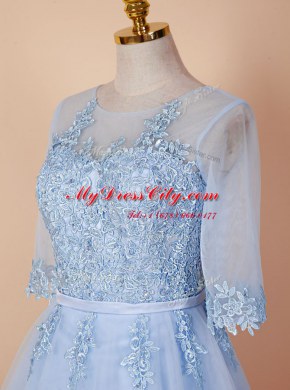 High Class Scoop Light Blue Half Sleeves Organza Backless Prom Party Dress for Prom