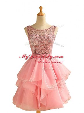 Scoop Pink Sleeveless Lace and Ruching Knee Length Prom Evening Gown