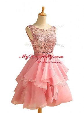 Scoop Pink Sleeveless Lace and Ruching Knee Length Prom Evening Gown