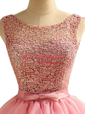 Scoop Pink Sleeveless Lace and Ruching Knee Length Prom Evening Gown