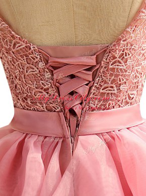 Scoop Pink Sleeveless Lace and Ruching Knee Length Prom Evening Gown