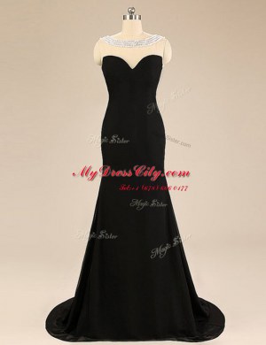 Exquisite Beading Prom Gown Black Backless Sleeveless With Brush Train