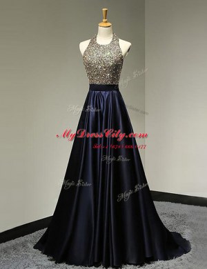 Pretty Scoop Black Satin Backless Dress for Prom Sleeveless With Brush Train Beading