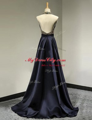 Pretty Scoop Black Satin Backless Dress for Prom Sleeveless With Brush Train Beading